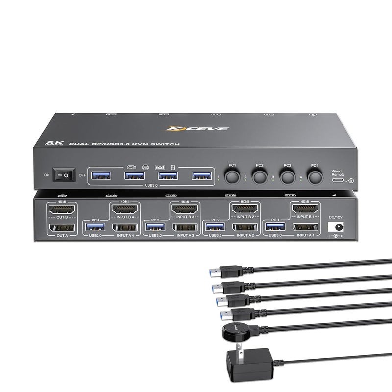 KCEVE KVM Switch 2 Monitors 4 Computers HDMI + DisplayPort, USB 3.0 DP KVM Switcher, 8K@30Hz/4k@144Hz DP KVM for 4 PC Share 2 Display and 4 USB 3.0 Devices - Image 1